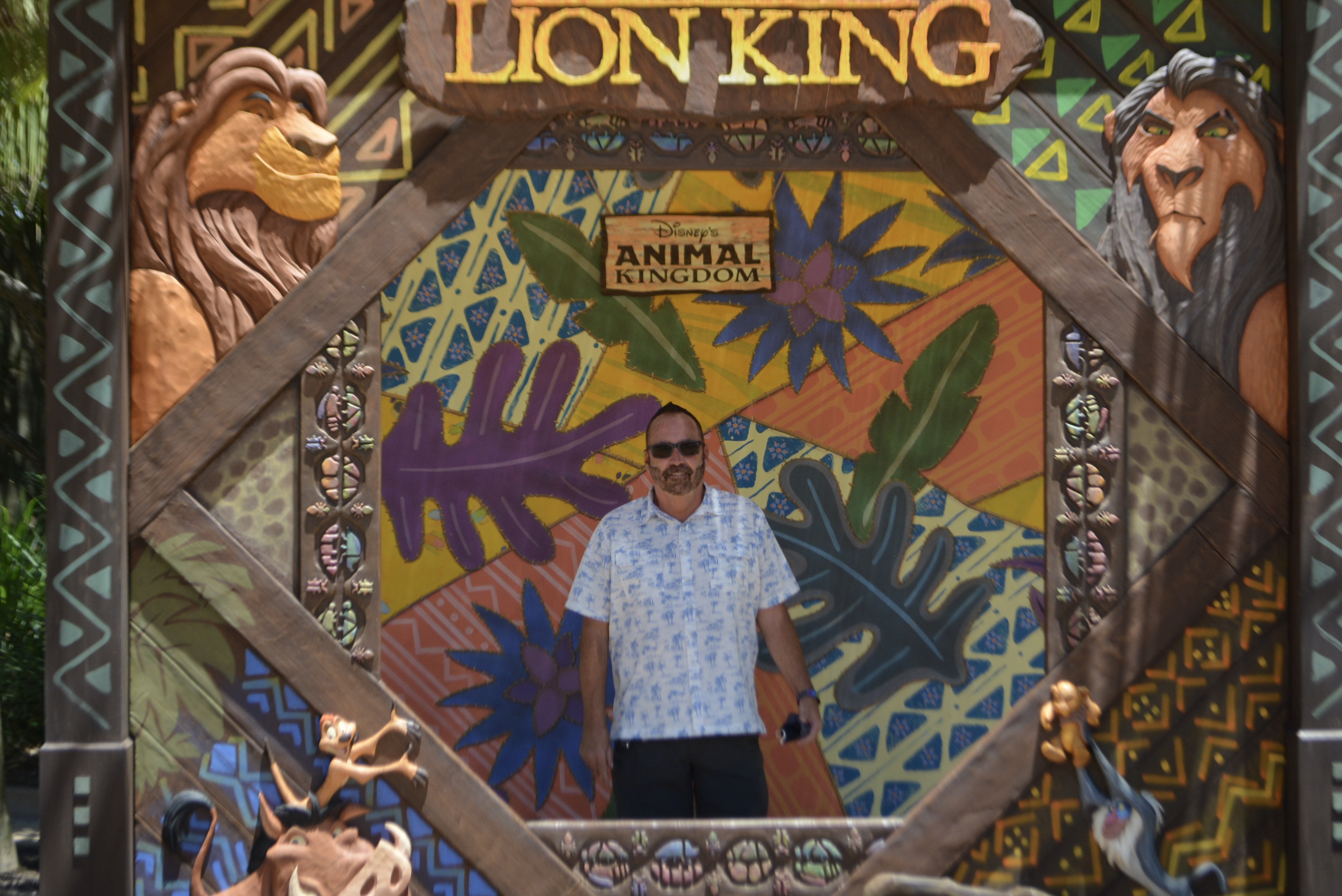 Chuck standing inside the Lion King photo op at Disney's Animal Kingdom